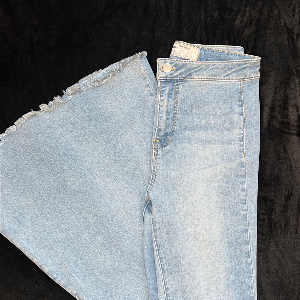 Free People Light Blue Wide Leg Frayed Hem Jeans